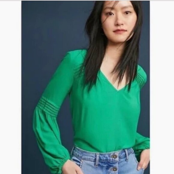 Anthropologie Maeve Green Balloon Sleeve Shirt - Picture 1 of 2